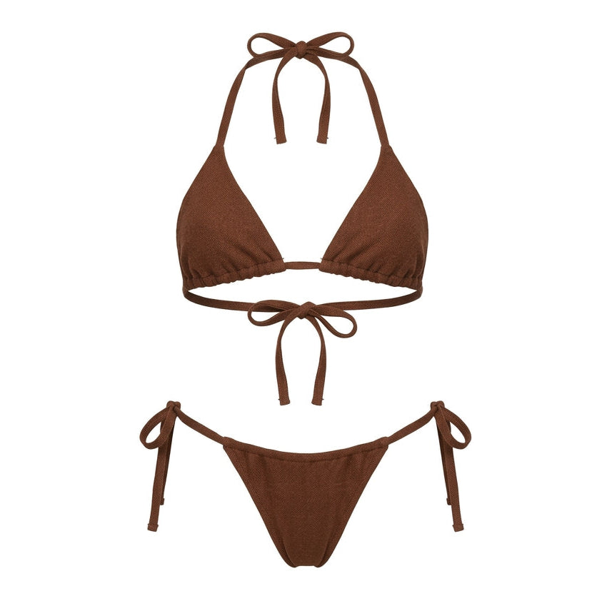 A two-piece bikini set in a solid dark brown color, featuring a halter triangle top and matching side-tie bottoms, displayed against a solid white background.